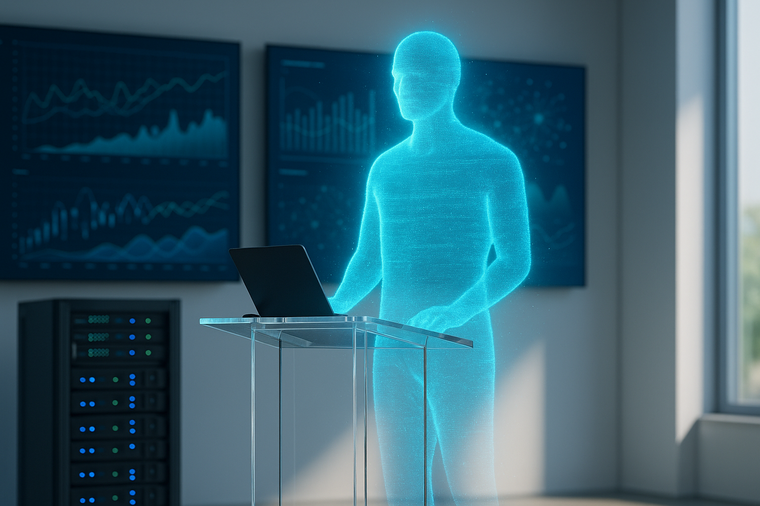Holografische Figur als digitaler Redner hinter einem gläsernen Pult, im Hintergrund große Bildschirme mit Datenvisualisierungen und Serverracks – symbolische Darstellung der KI-Konferenz Agents4Science.