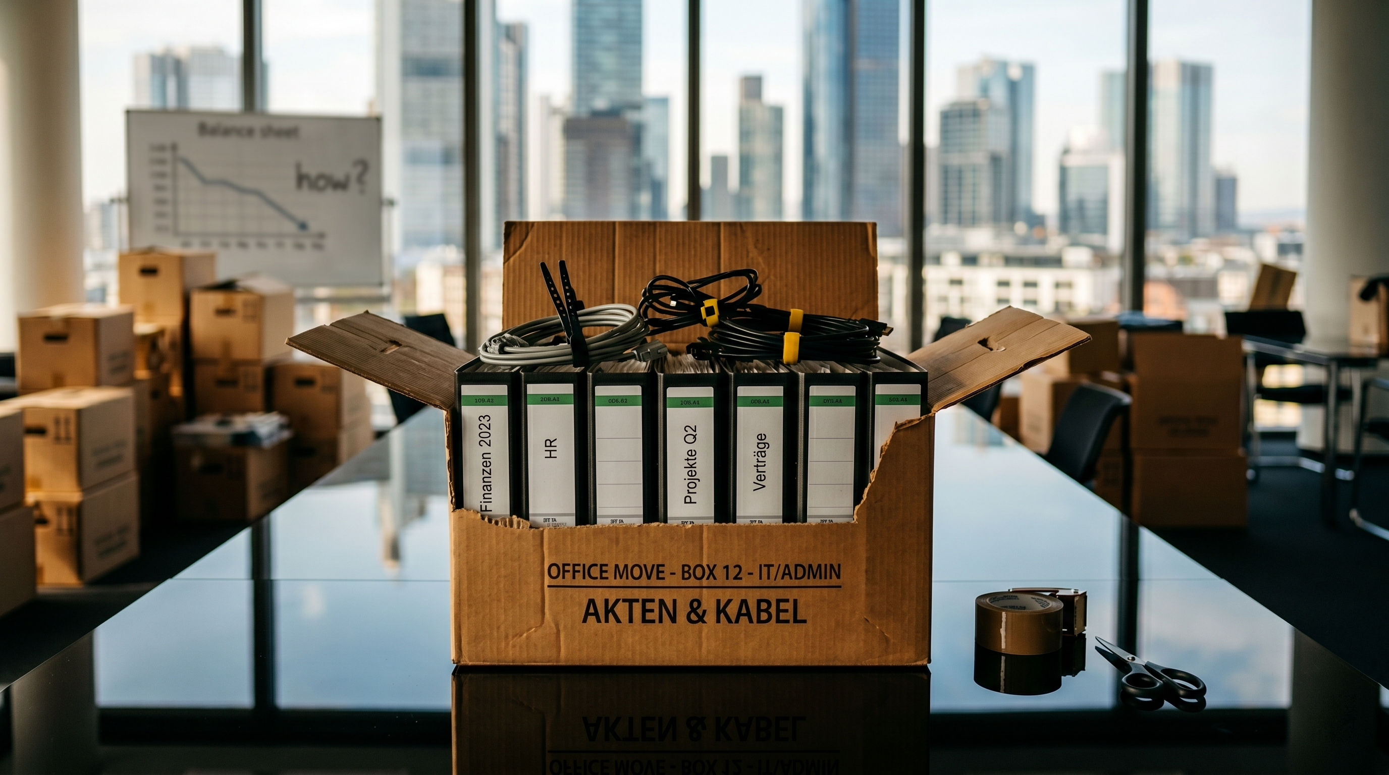 Ein offener Umzugskarton aus brauner Wellpappe voller sauberer Aktenordner und Computerkabel steht scharf fokussiert auf einem makellosen Konferenztisch aus schwarzem Glas. Im unscharfen Hintergrund sieht man weitere Kartons vor einer städtischen Skyline (die sich in großen Panoramafenstern spiegelt) sowie auf der linken Seite ein Whiteboard mit einer absteigenden Bilanzgrafik und der fragenden Aufschrift "how?".