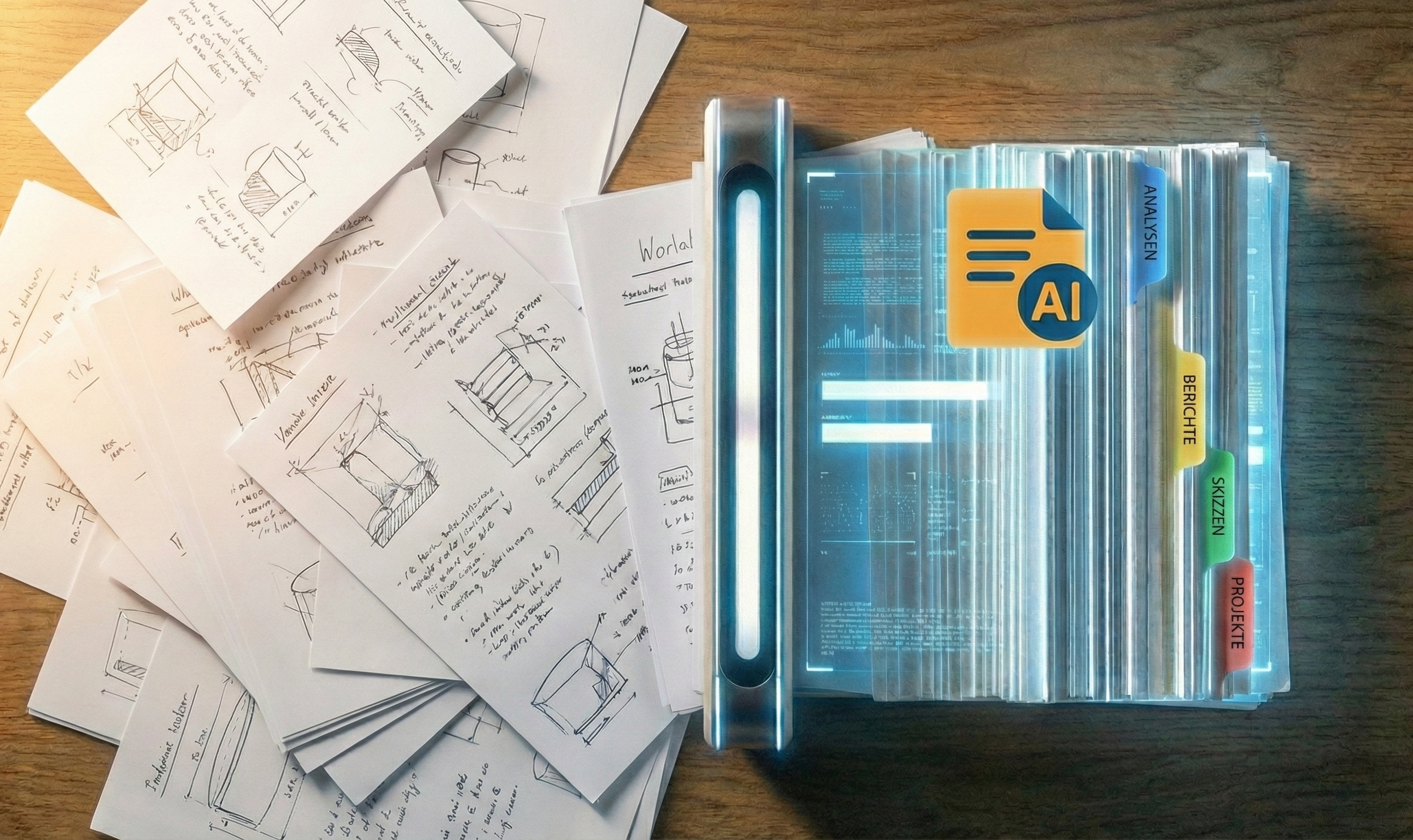 Eine Draufsicht auf einen Holztisch zeigt den Übergang von analog zu digital. Links liegt ein unordentlicher Haufen von Papieren mit handschriftlichen Notizen und Skizzen. Ein futuristischer, blau leuchtender Scanner-Stab in der Mitte verarbeitet diese. Daraus entsteht rechts ein geordneter, holografischer digitaler Aktenordner mit einem gelb-blauen "AI"-Logo und farbigen Registerkarten, beschriftet mit "ANALYSEN", "BERICHTE", "SKIZZEN" und "PROJEKTE". Das Bild symbolisiert intelligentes Dokumentenmanagement.