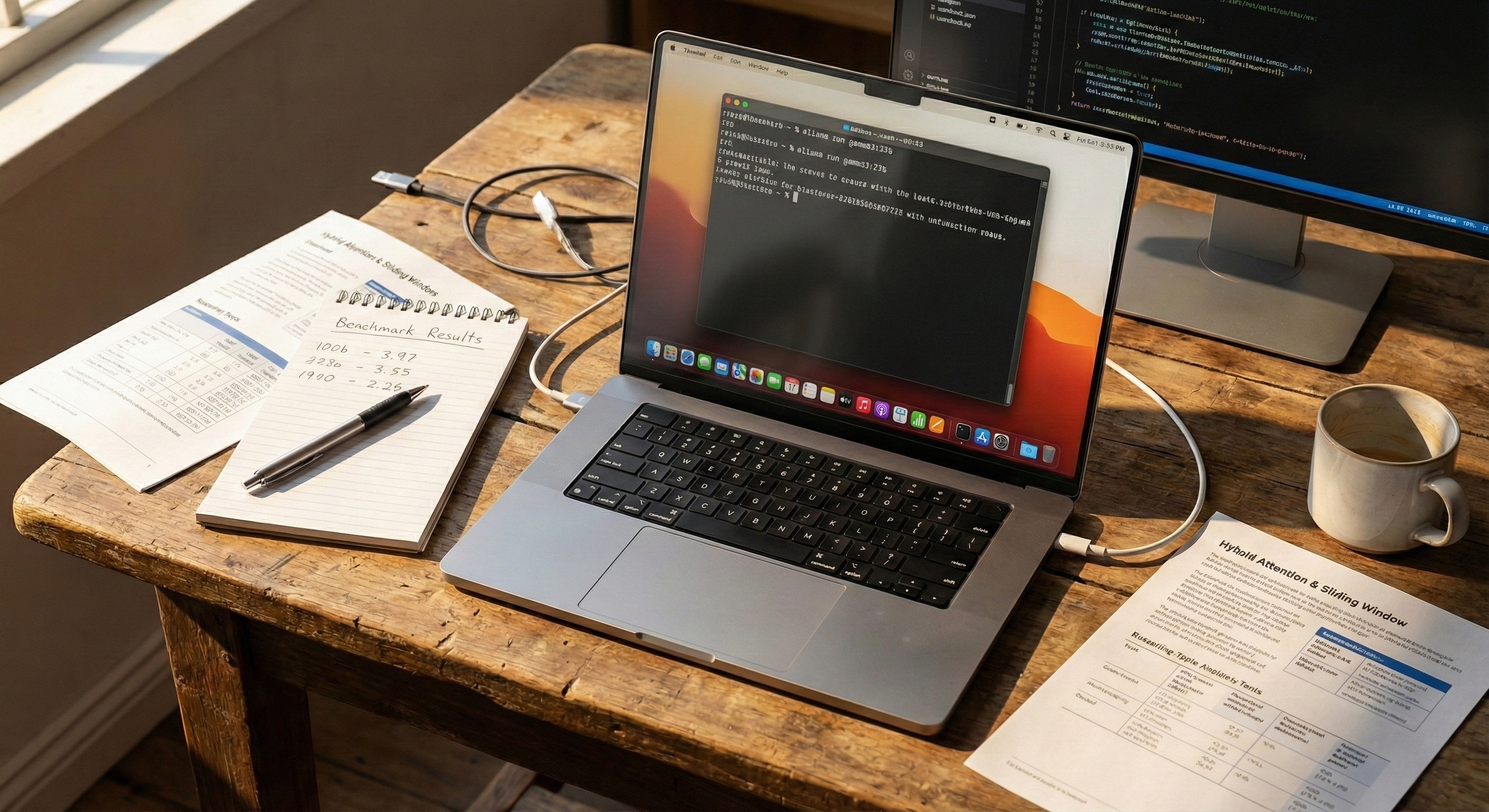 Editorial-Aufnahme eines MacBook Pro M3 auf einem verwitterten Holztisch in warmem Frühlingslicht. Der entspiegelte Bildschirm zeigt eine dezente Reflektion und ein Terminal-Fenster mit dem Befehl 'ollama run gemma3:27b'. Daneben liegen ein Notizblock mit handschriftlichen Benchmark-Ergebnissen, technische Datenblätter und eine leere Kaffeetasse.
