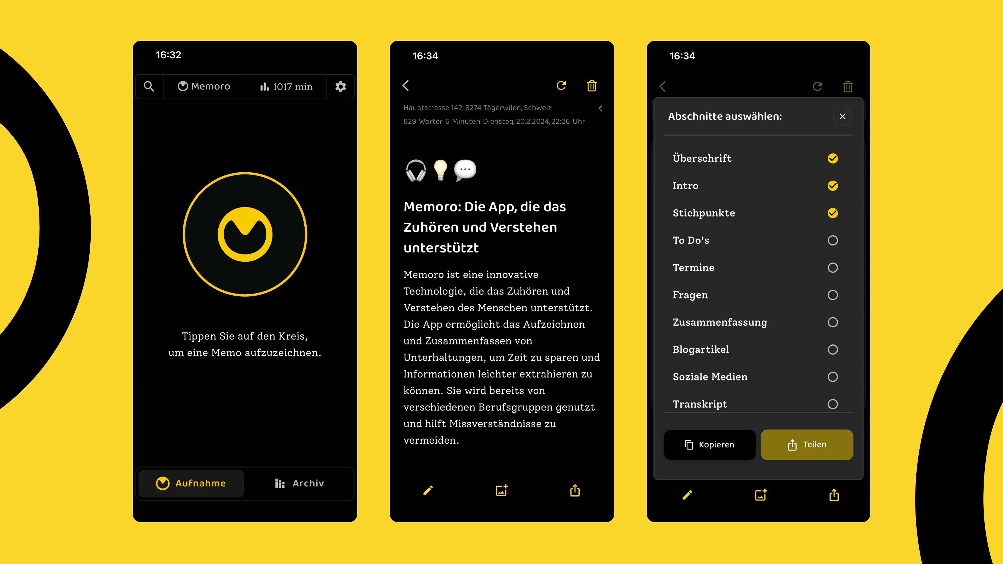 Drei Screenshots der Memoro App: Aufnahme-Button, transkribierter Text mit Titel und auswählbare Abschnitte für strukturierte Ergebnisse.
