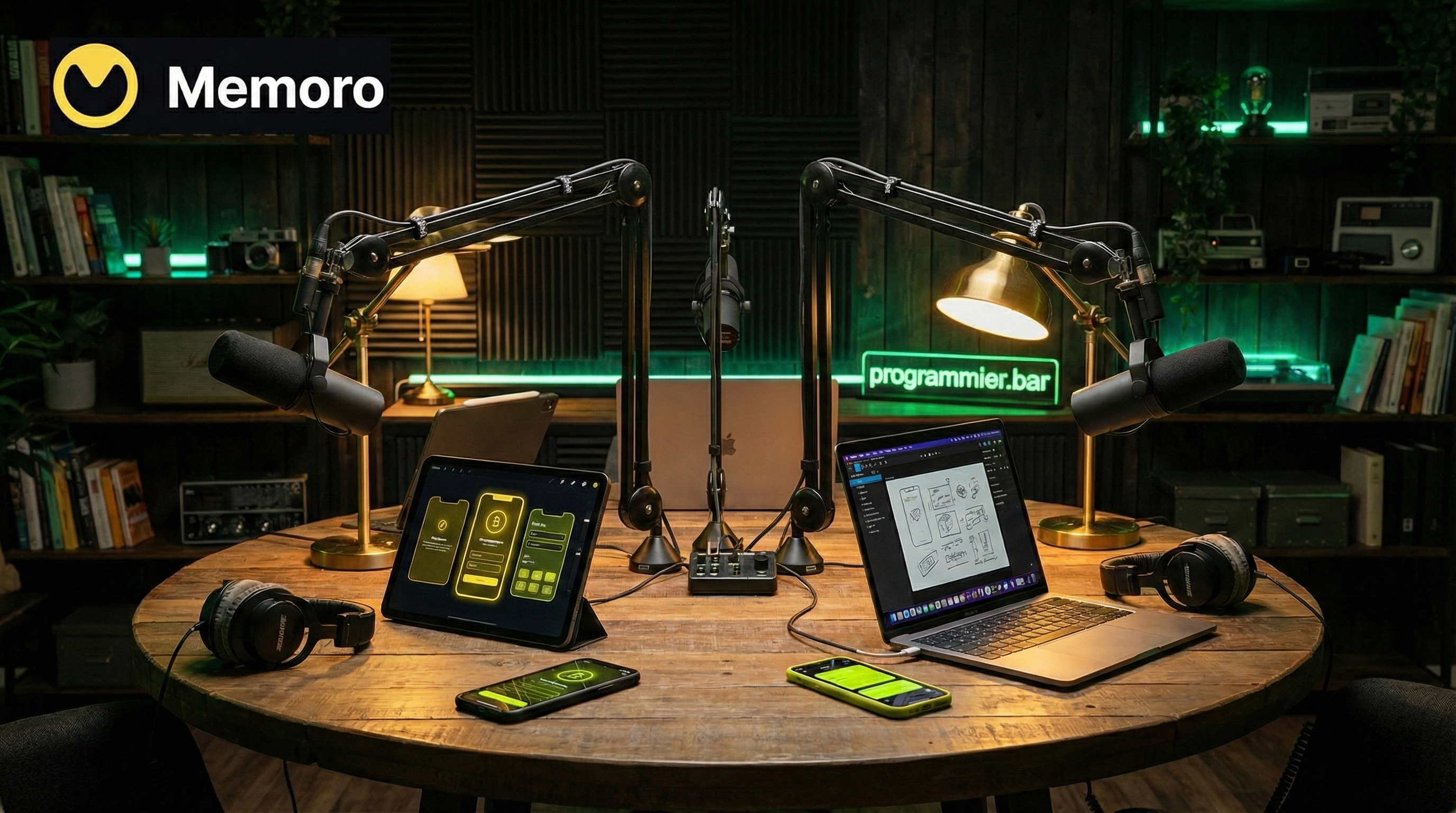 Professionelles Podcast-Studio mit Memoro-App-Prototypen auf Tablets und Logo-Overlay