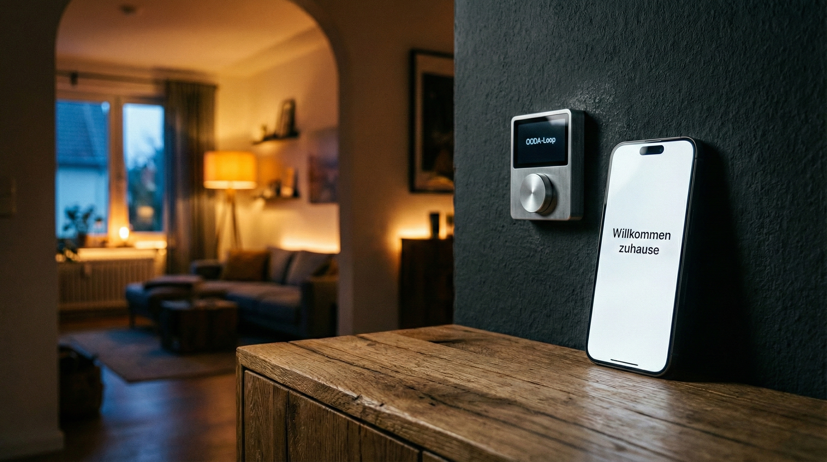 Ein modernes Smartphone liegt auf einer rustikalen Holzanrichte und zeigt die Nachricht Willkommen zuhause. Direkt dahinter an einer dunklen Wand ist ein Aluminium-Controller mit der Anzeige OODA-Loop montiert. Der Hintergrund zeigt ein unscharfes, aber sehr warm und wohnlich beleuchtetes Wohnzimmer.