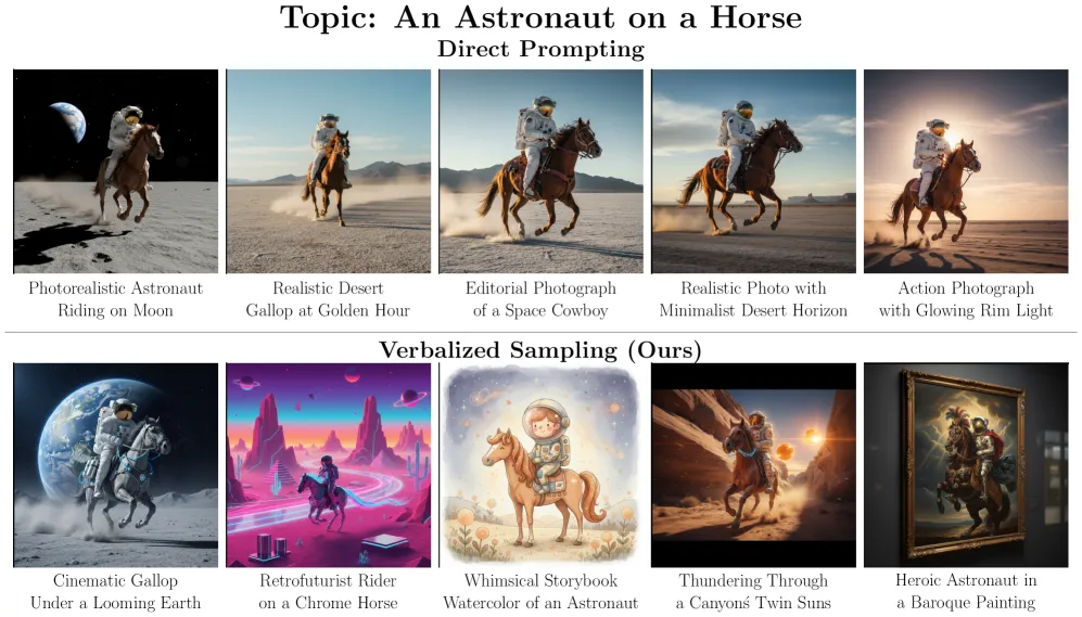 Diagramm zum Vergleich von Direct Prompting und Verbalized Sampling: Astronaut auf dem Pferd in unterschiedlichen Bildstilen (Studie von Zhang et al., arxiv:2510.01171v3)