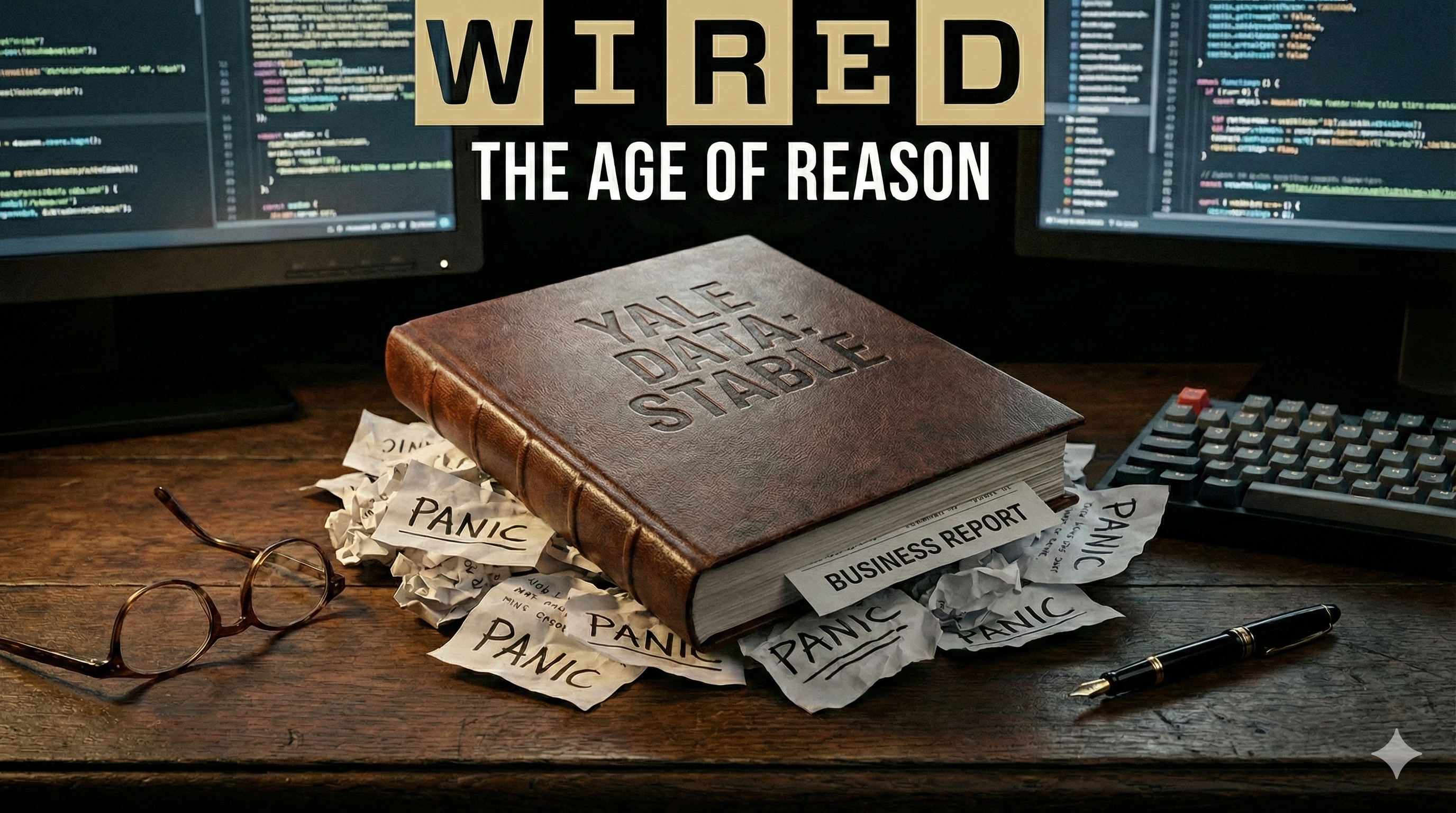 Schwerer Geschäftsbericht 'YALE DATA: STABLE' erdrückt chaotische 'PANIC'-Notizen auf einem Eichenschreibtisch